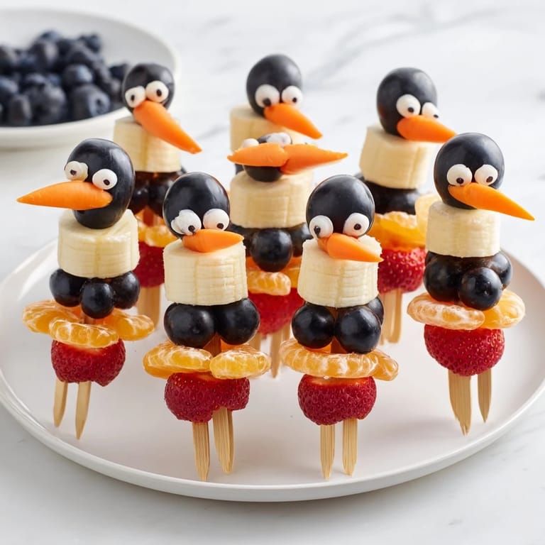 A colorful visual feast: the ready-to-eat Penguin Fruit Skewer Army looks fun for kids, gluten-free.