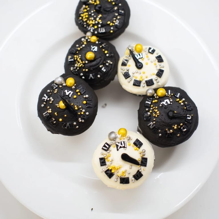Close up shot of festive Countdown Clock Mini Desserts with black clock faces and sprinkles.