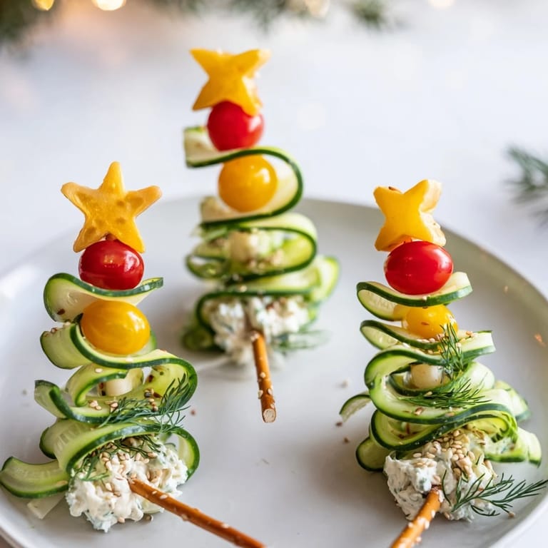 Festive close-up of spiral cucumber ribbon Christmas trees, a lovely holiday appetizer, fresh and delicious.