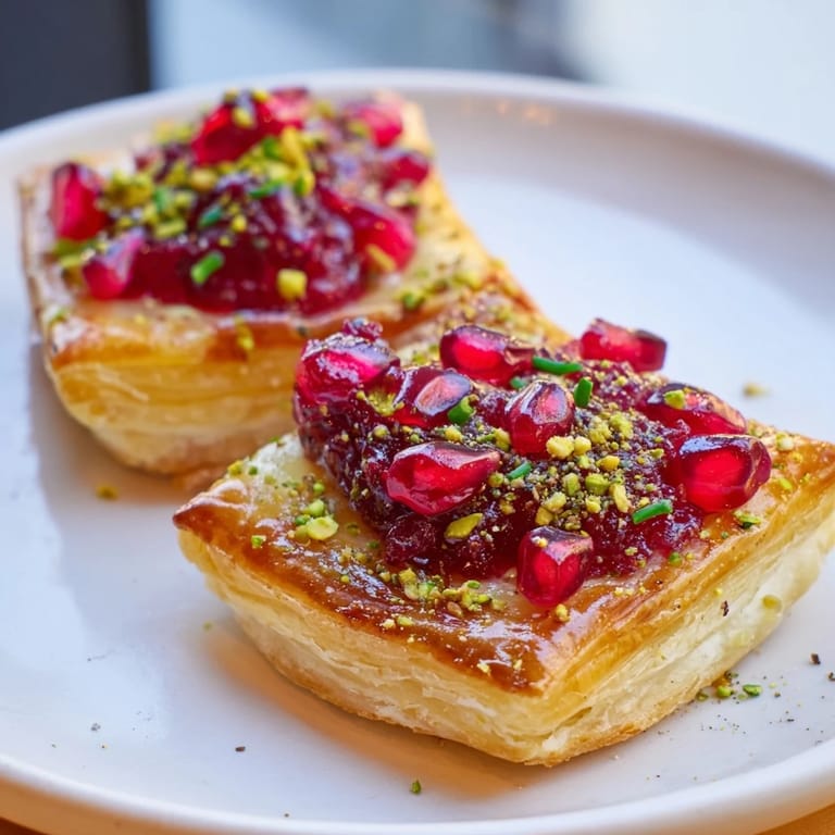 Red preserves and pomegranate seeds adorn these beautiful Fireworks Brie Tartlets, a delightful New Year's appetizer.