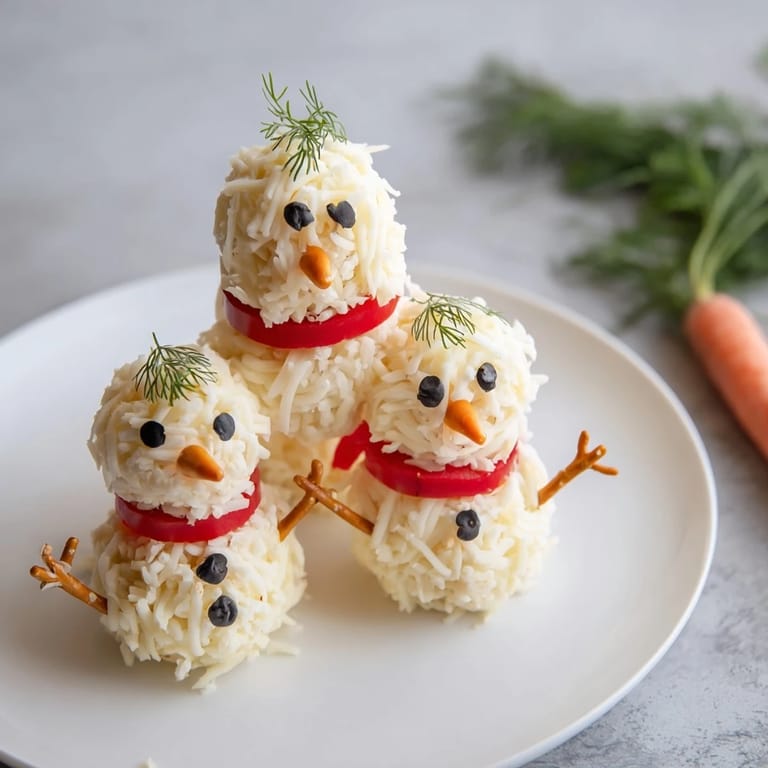 Three cheerful snowman cheese balls, ready to serve, offer a delightful combination of savory flavors and textures.
