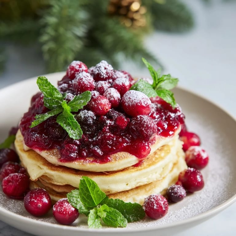 A delicious and festive Brunch Board: Pancake Stack presents warm pancakes drizzled with sweet berry compote.