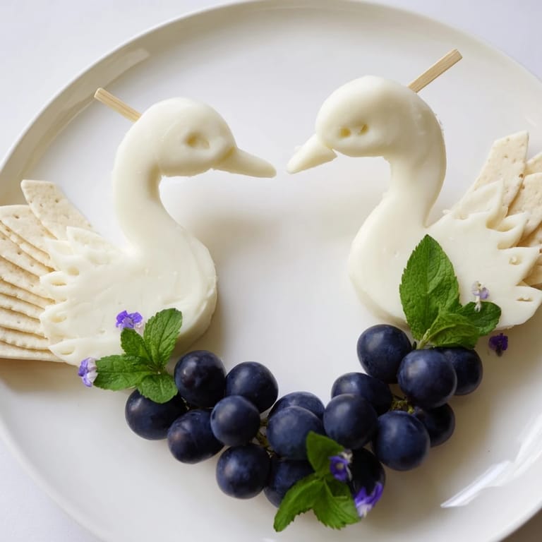 A close-up view of the Elegant Swan Lake Board with grapes and crackers next to the swan cheese.