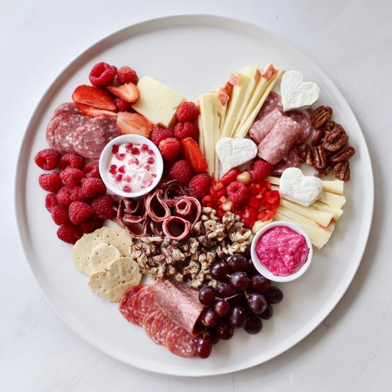 Beautifully presented Heart of Romance Board featuring vibrant red fruits and flavorful cheeses, perfect appetizer.