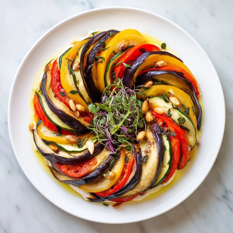 Vibrant The Snail Shell Spiral appetizer: view the artful swirl of roasted zucchini and eggplant.