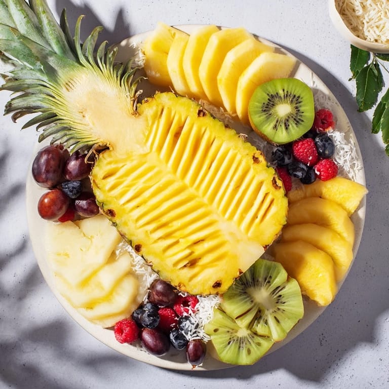 A vibrant Tropical Pineapple Paradise fruit platter with mango, kiwi, and berries, ready to enjoy.