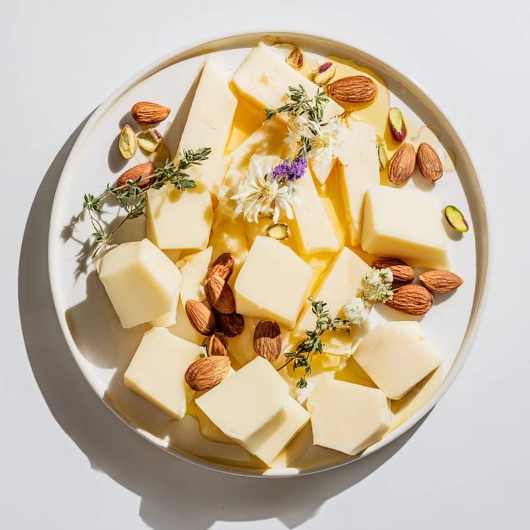 Golden honey cascades over a Honeycomb Hexagon Maze, revealing an artful cheese board pattern.