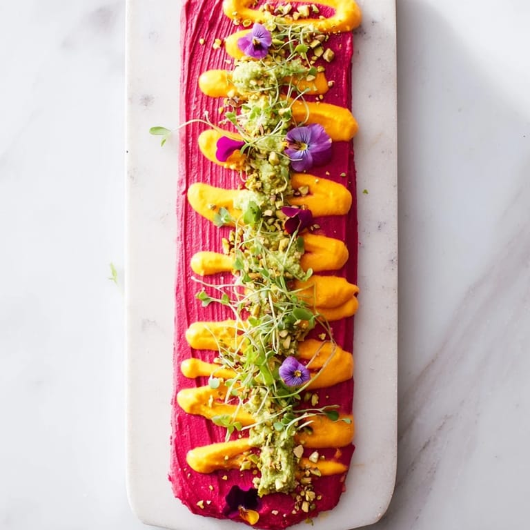 Smooth, colorful stripes of The Modernist Stripe, garnished with microgreens, waiting to be savored.