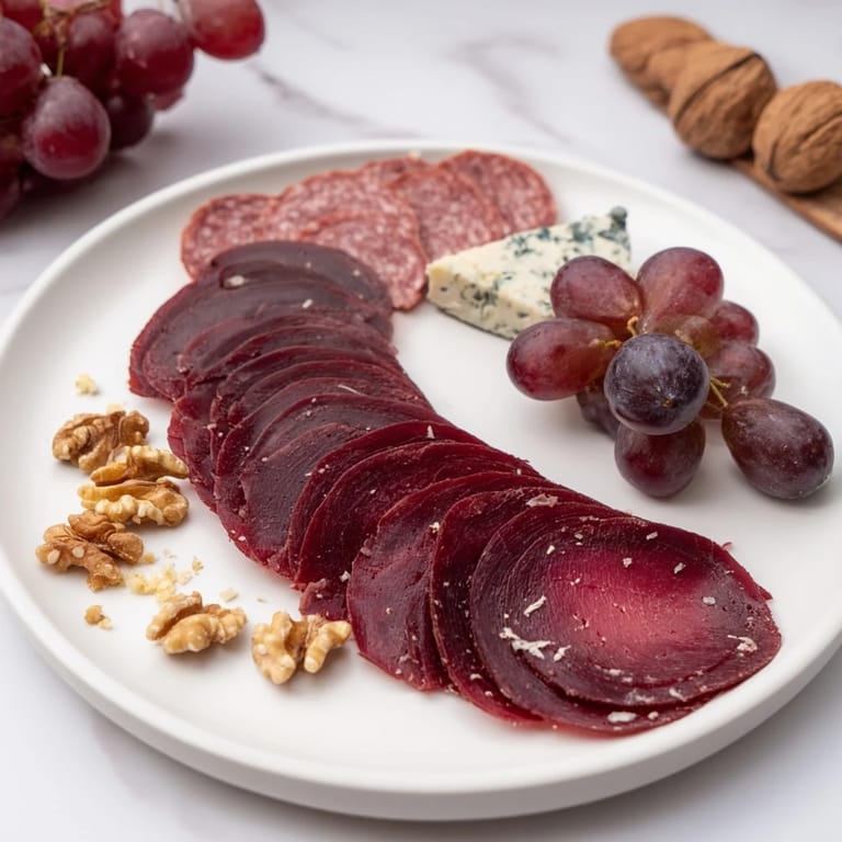 Close-up of a Majestic Venison Charcuterie Platter: a feast of cured meats, cheeses, and delightful accompaniments.