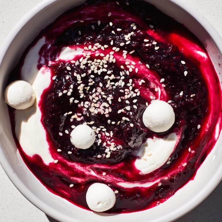 A close-up of the beautiful Galaxy Spiral, showcasing yogurt with dark berry swirls and goat cheese "stars."