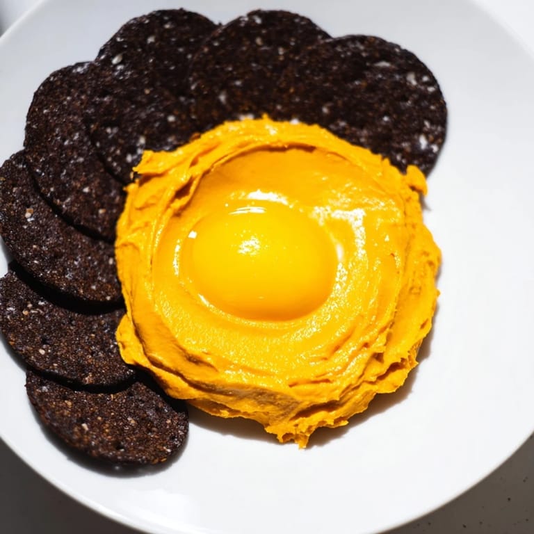 This visually stunning Midnight Sun recipe features jet-black crackers surrounding a golden-yellow dip.
