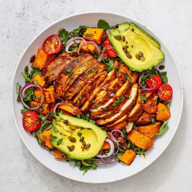 A delicious overhead shot of the Avocado and Sweet Potato Chicken Bowl, showcasing colorful ingredients and textures.
