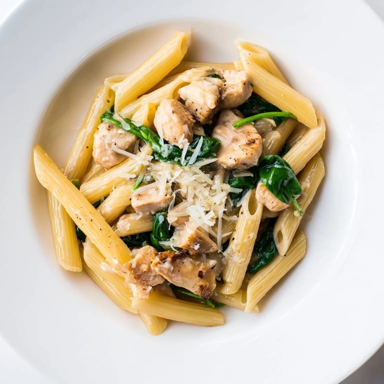 Steaming One-Pot Spinach and Chicken Pasta filled with tender chicken and savory broth for a quick dinner.