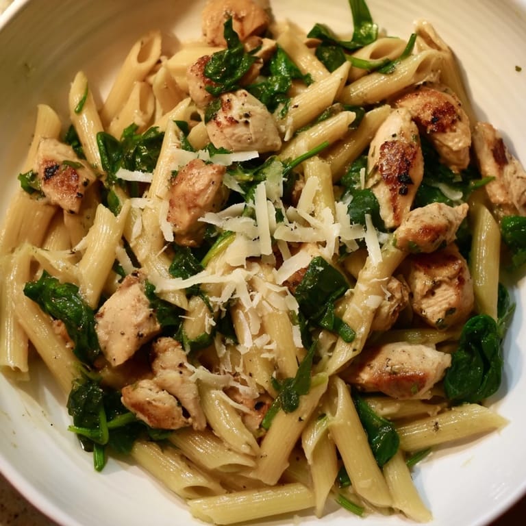 Close-up of a rustic bowl of One-Pot Spinach and Chicken Pasta, a comforting and flavorful pasta meal.