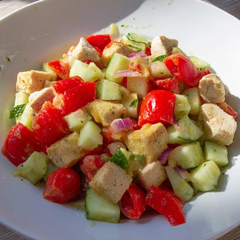 Bright, colorful close-up of a refreshing Cucumber and Chicken Clean Shaker, ready to eat.
