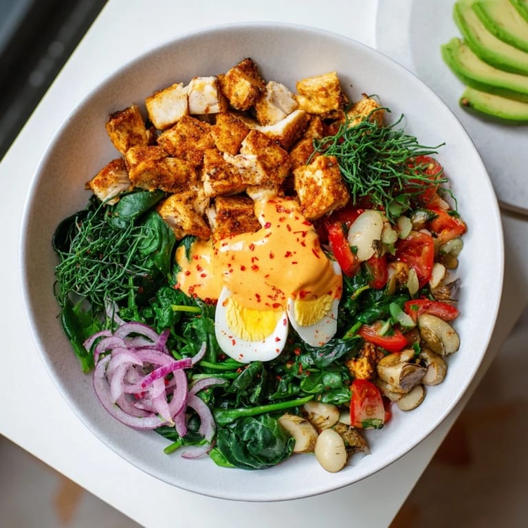 Chunks of chicken and eggs in High-Protein Chicken and Egg Salad drizzled in creamy, tangy dressing.