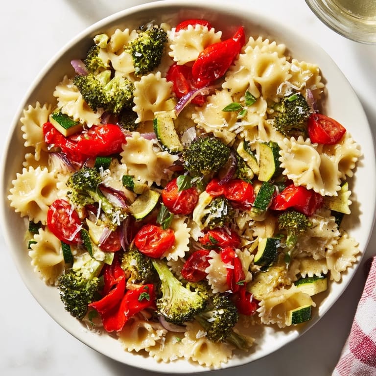 Perfectly cooked ditalini pasta with vibrant air-fried vegetables, drizzled with olive oil and Parmesan.