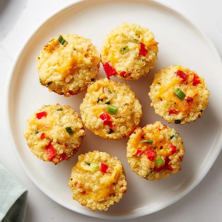 These Baked Cheddar Quinoa Bites show a close-up of cheesy, golden-brown, baked goodness.