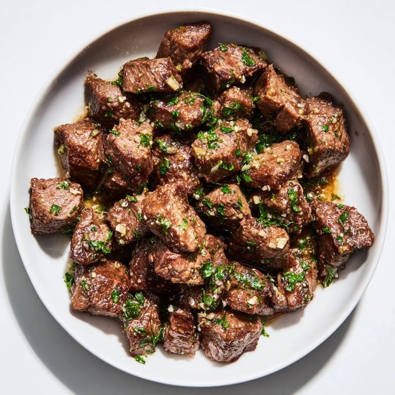 Close-up of vibrant air-fryer garlic-butter steak bites, a flavorful appetizer, sizzling with garlic-butter essence.
