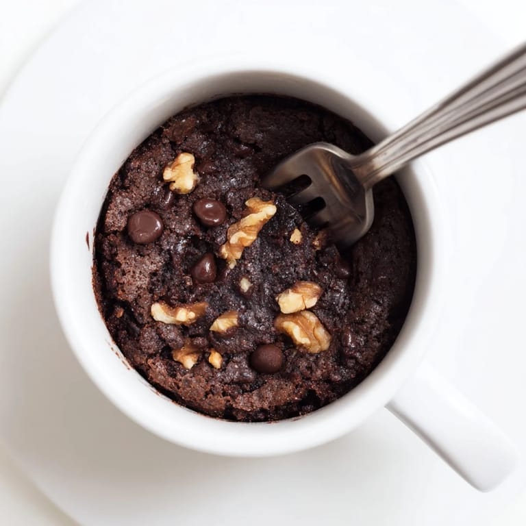 Delicious, fudgy 2-minute mug brownie, warm and inviting, perfect for a late-night treat.