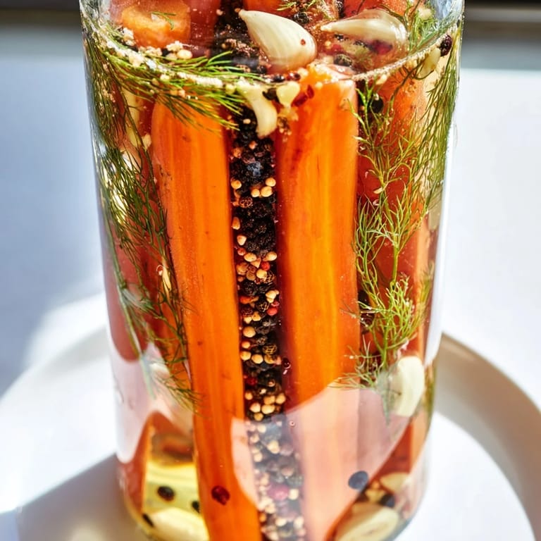 Tangy Quick Pickled Carrot Spears with garlic and spices, ready to chill for a flavorful snack.