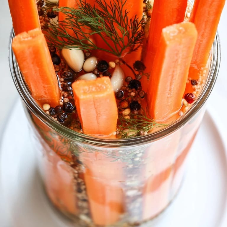 Close-up of freshly made Quick Pickled Carrot Spears, showcasing the crunchy texture and bright colors.