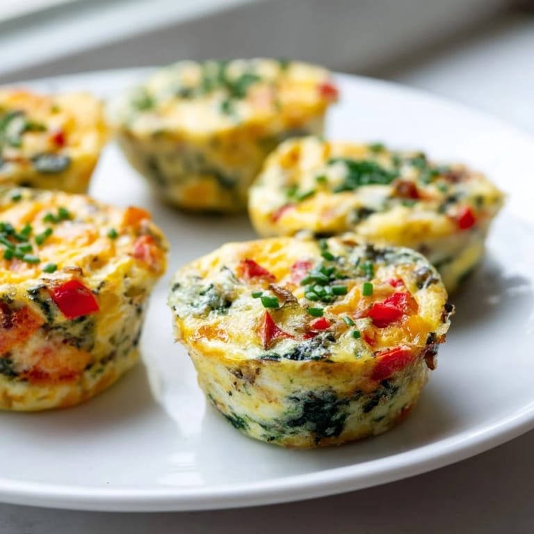 Freshly-baked mini crustless quiches, served warm, showcasing a savory breakfast with herbs and cheese.