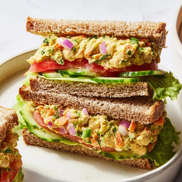A vibrant photo of a homemade Easy Chickpea Salad Sandwich, perfectly layered with fresh ingredients on whole-wheat bread.