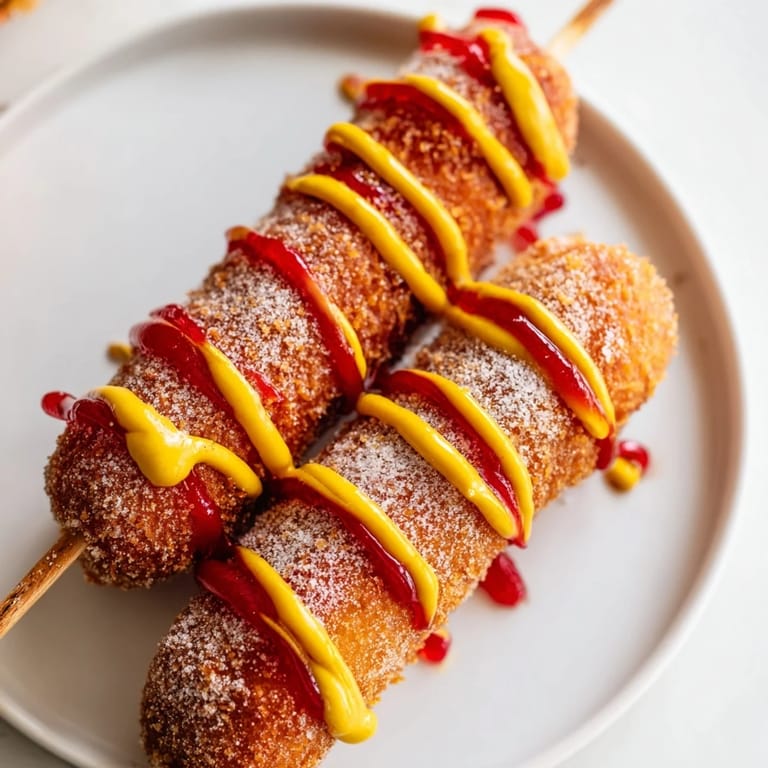 Close-up of a delightful Korean-inspired corn dog, showcasing its crispy exterior and tasty filling.