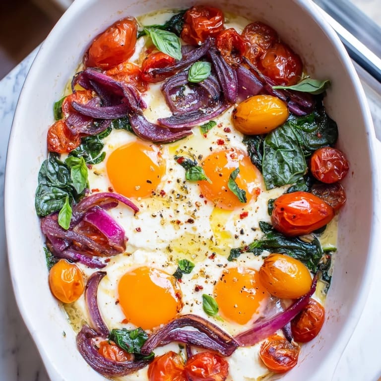Golden-yolked eggs baked with feta cheese, tomatoes, and herbs; a savory, delicious Baked Feta Eggs recipe.