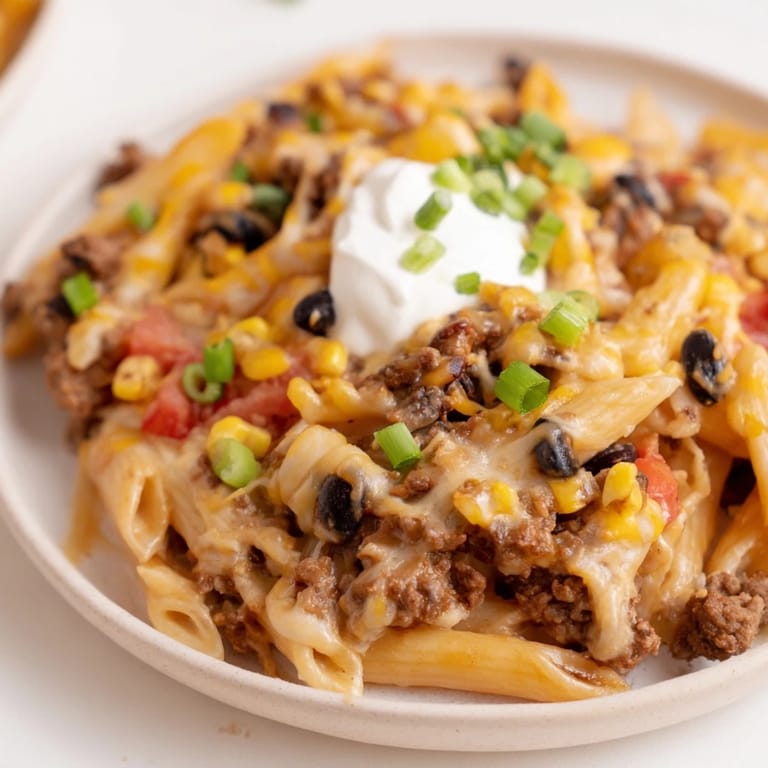 Mouthwatering close-up of Cheesy Taco Pasta with melted cheese and fresh cilantro garnishing.