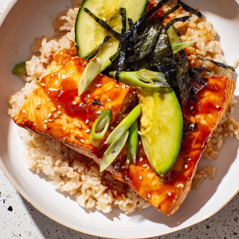 Flavorful Emily Mariko-Inspired Sticky Orange Gochujang Salmon Bowl, featuring tender baked salmon, perfect with fluffy rice.