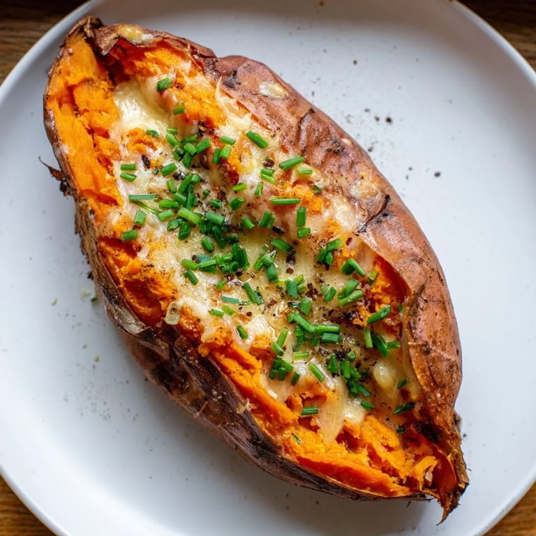 A close-up of a warm Sweet Potato & Cheese Whole Roast, overflowing with melted cheese and ready to eat.