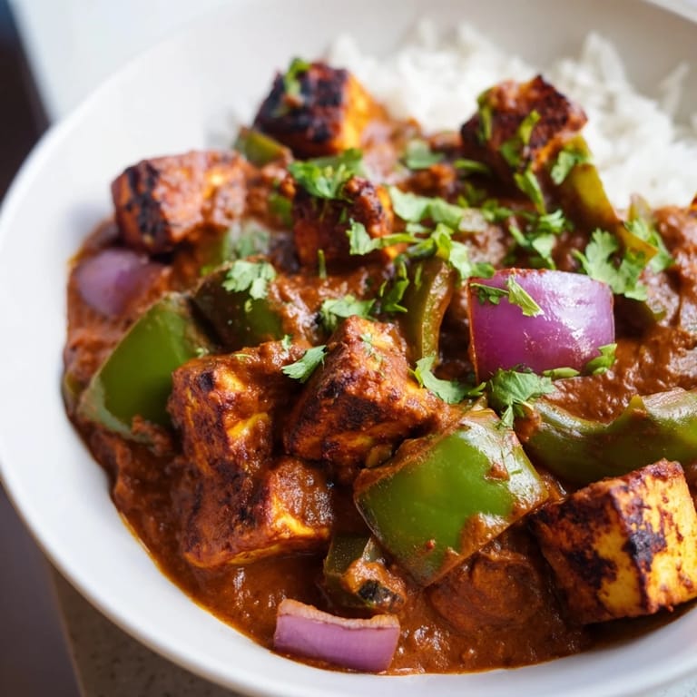 Vibrant Paneer Tikka Masala with charred paneer and bell peppers, coated in a luscious, spiced sauce for dinner.