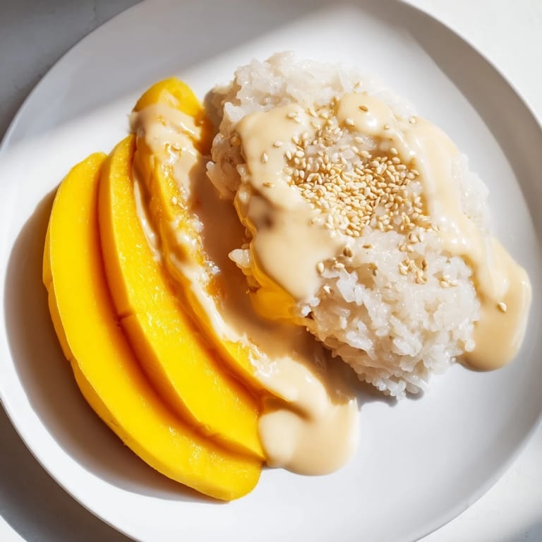 A beautiful plate of Thai Mango Sticky Rice, showcasing vibrant mango and toasted sesame seeds.