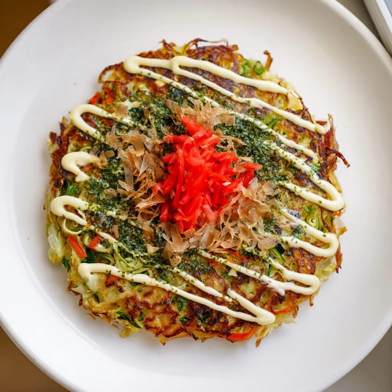 A close-up view of a delicious steaming Japanese okonomiyaki pancake, piled high with toppings and ready to serve.