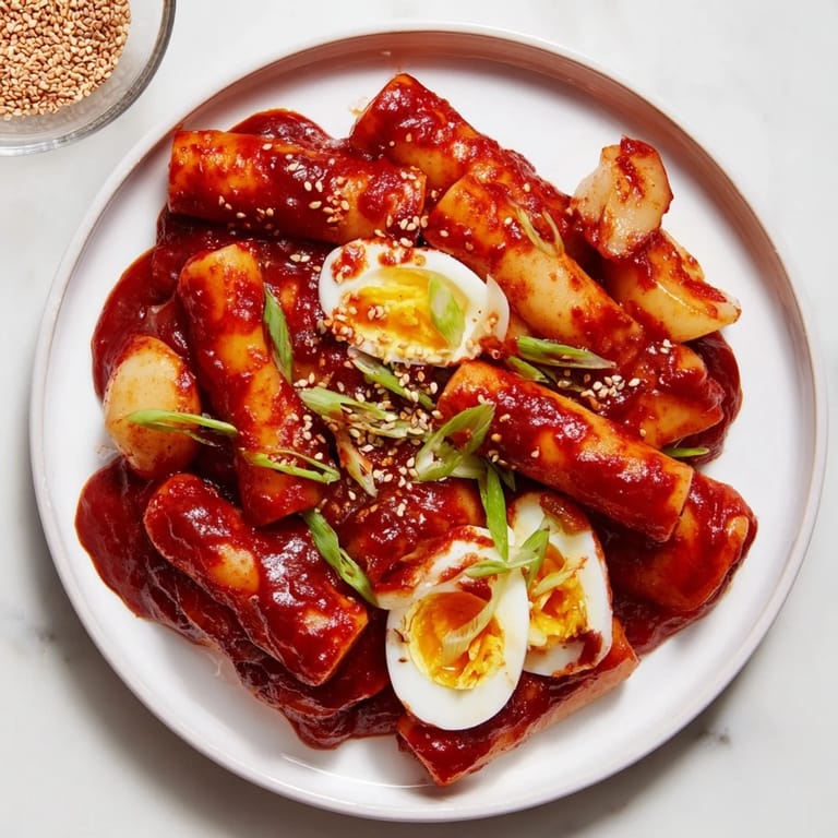 Delicious, homemade Korean tteokbokki: spicy rice cakes simmered to perfection, ready to enjoy.