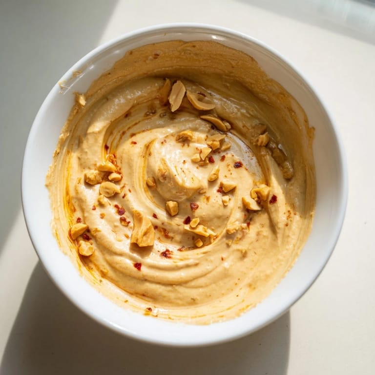 Close-up of golden Indonesian satay sauce, perfectly spiced and savory, served in a bowl.