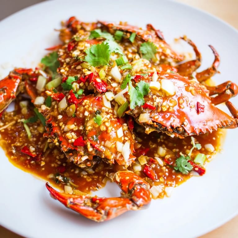 Steaming plate of Singaporean Chili Crab, showcasing tender crab pieces in a rich, spicy tomato sauce.