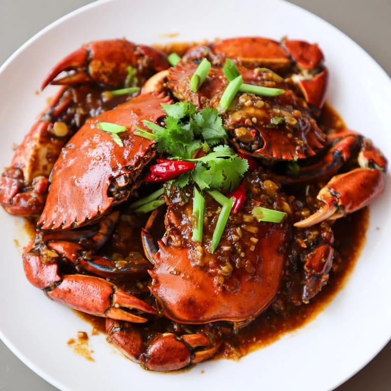 Close-up of succulent Singaporean Chili Crab, garnished with fresh herbs and ready to be enjoyed.