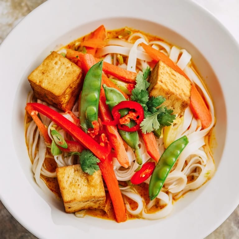 Rich coconut milk broth of Malaysian Laksa Curry brimming with noodles and colorful, tender vegetables.