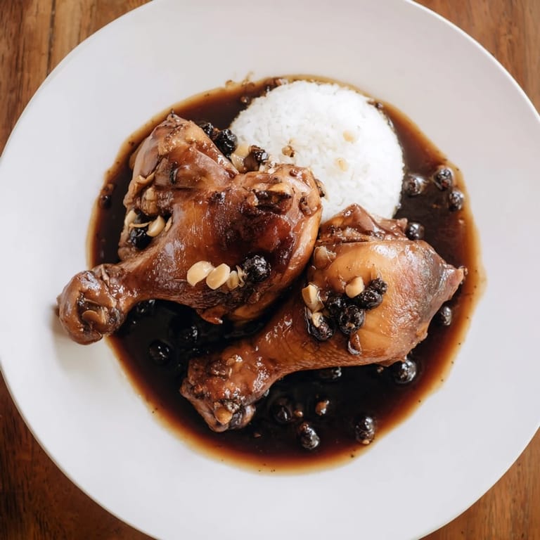 A close-up of Filipino Chicken Adobo, showing the rich, dark sauce and perfectly cooked chicken pieces.