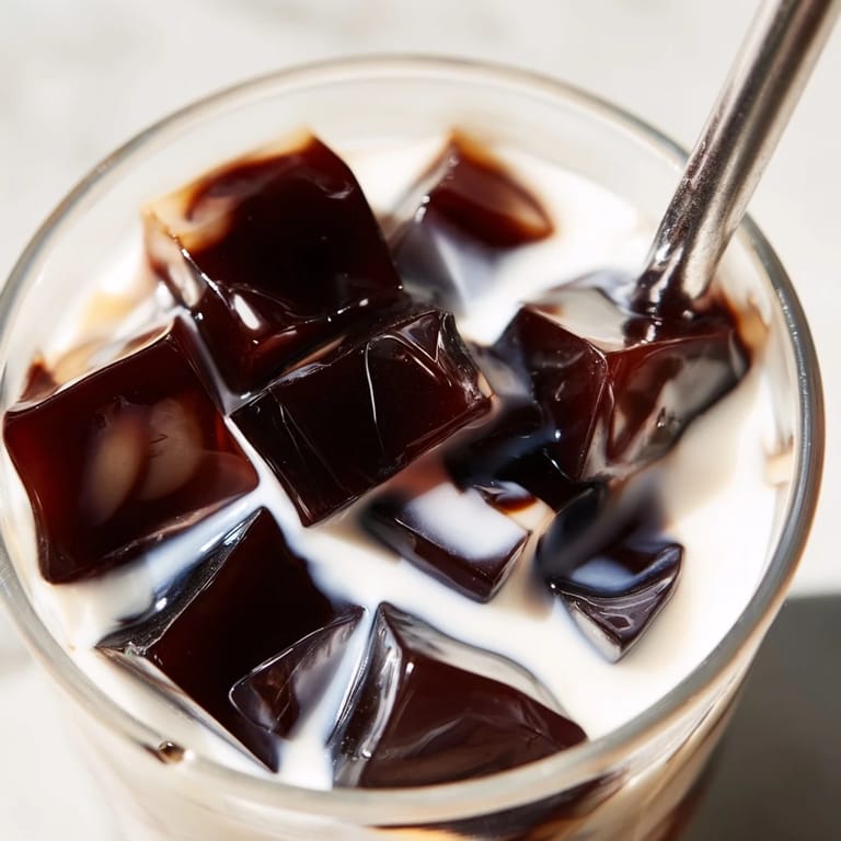 Spoonful of Coffee Jelly Drink lifted from sweet cream, showing jiggle and glossy cubes.