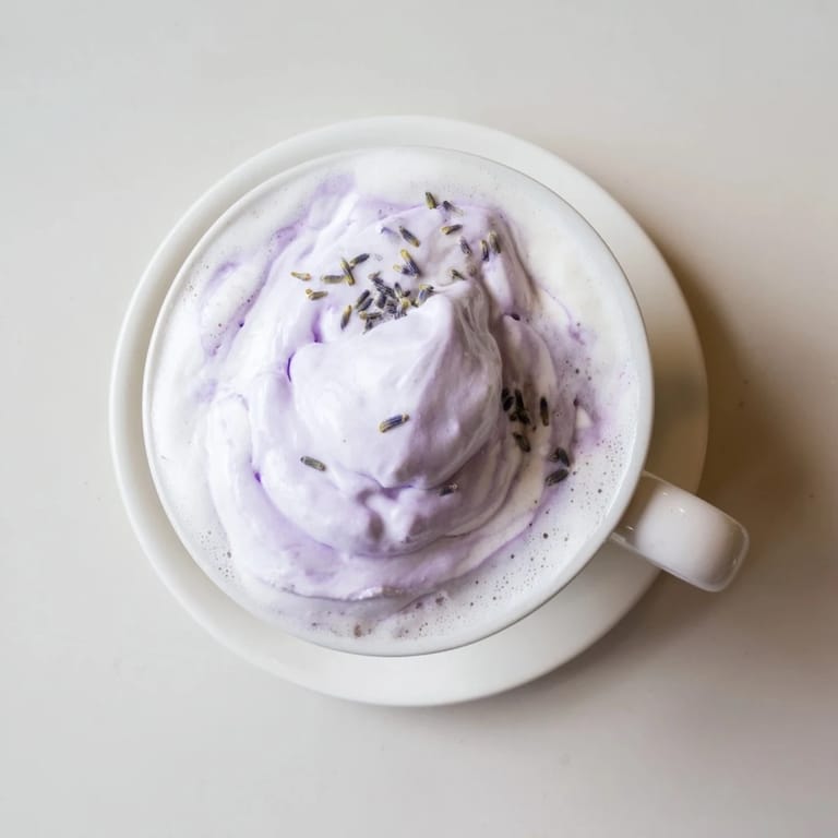 Whipped lavender latte with delicate foam swirls, served warm for a relaxing morning treat.