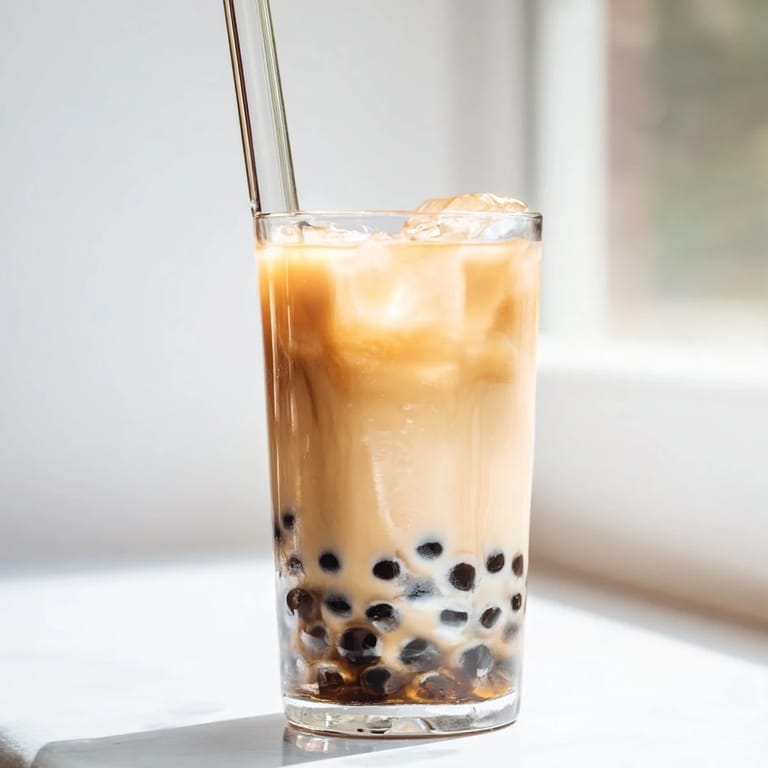 Pouring a creamy Boba Tea Hack over ice and cooked tapioca pearls for a quick, satisfying drink.
