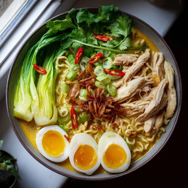 This Thai Miso Ramen bowl showcases rich, umami-packed broth with savory Thai curry notes, served with lime wedges for a bright, citrusy finish.  