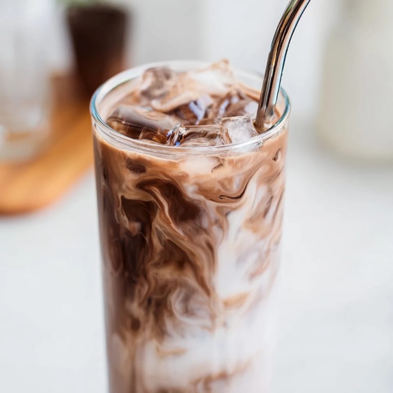The Milo Ice Latte Hack recipe shows a tall glass filled with creamy iced coffee and a straw, ready to sip.  