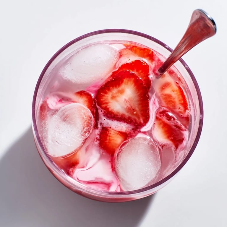 Two glasses of Refresher Copycat Pink Drink garnished with strawberries, ready for a cool summer treat.