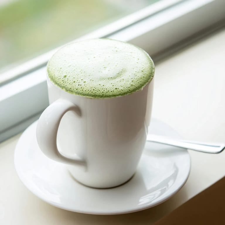 Homemade Japanese matcha latte in a cozy mug, garnished with a bamboo whisk and fresh milk.