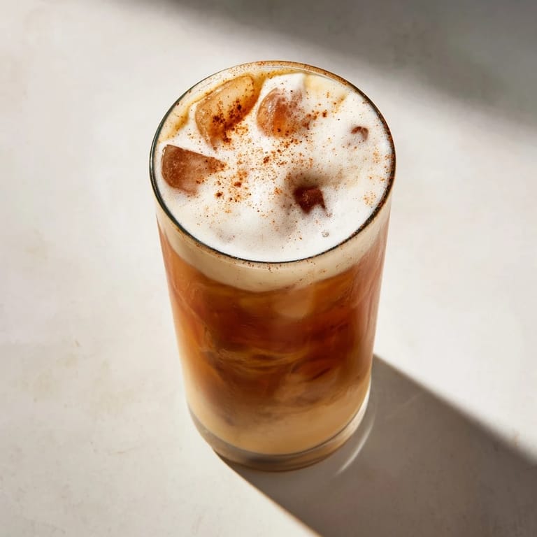 Homemade iced chai tea topped with velvety cold foam, ready to enjoy with a dusting of spice.